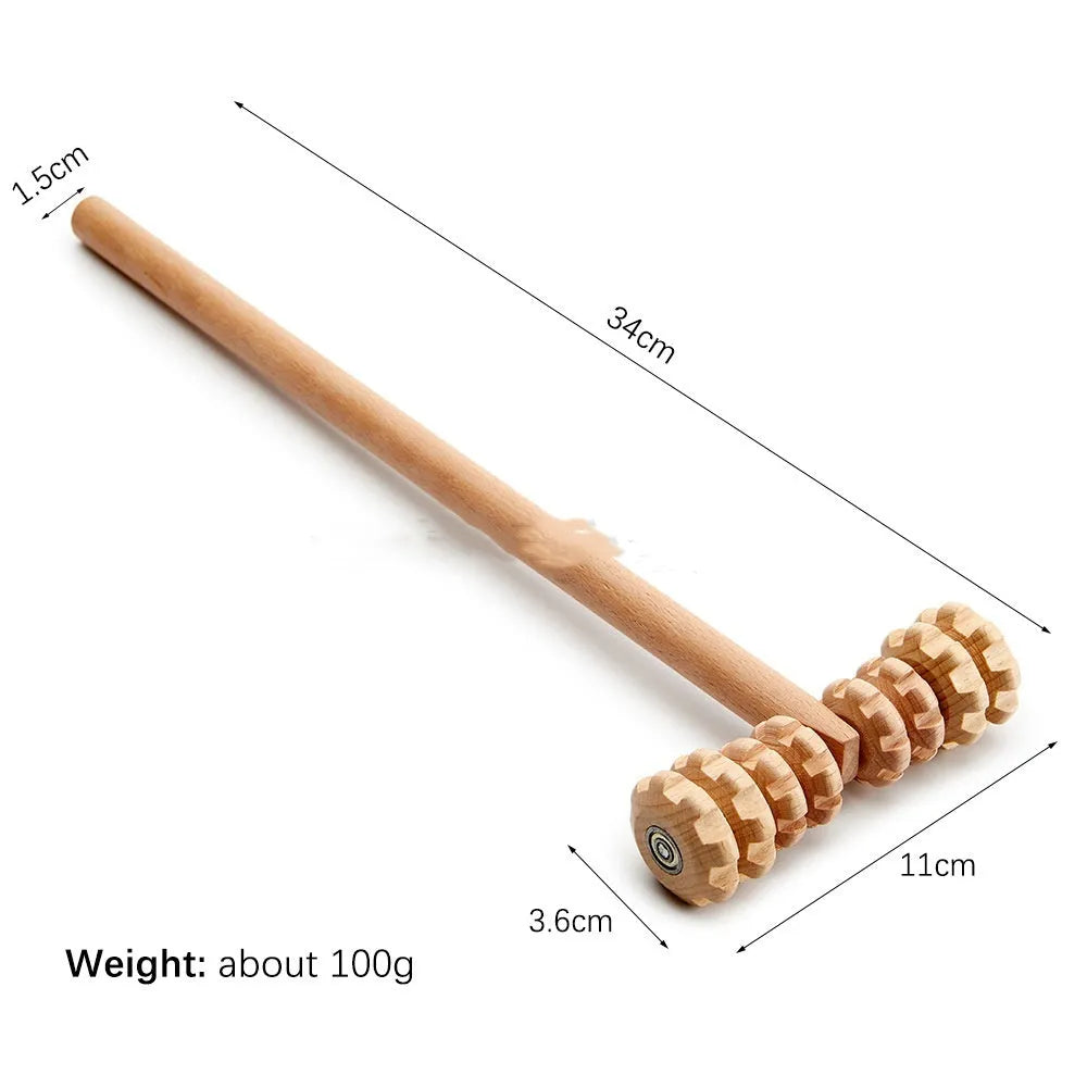 Beech wood massage roller set with T-shaped, straight, curved, and multi-wheel tools for lymphatic drainage