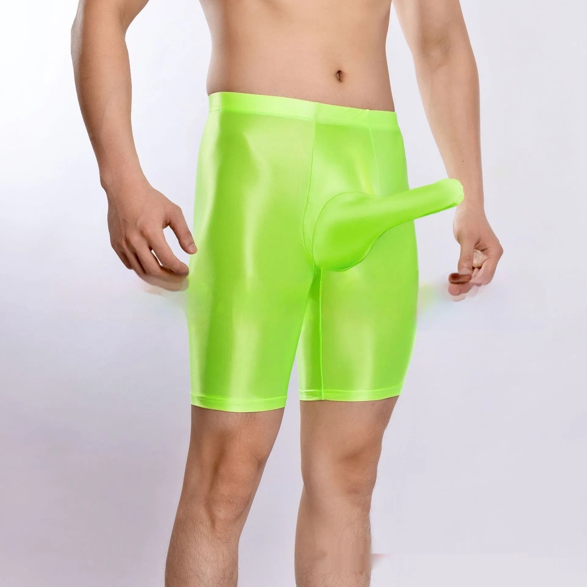 Men's plus size shiny silky sports shorts in multiple colours on size chart