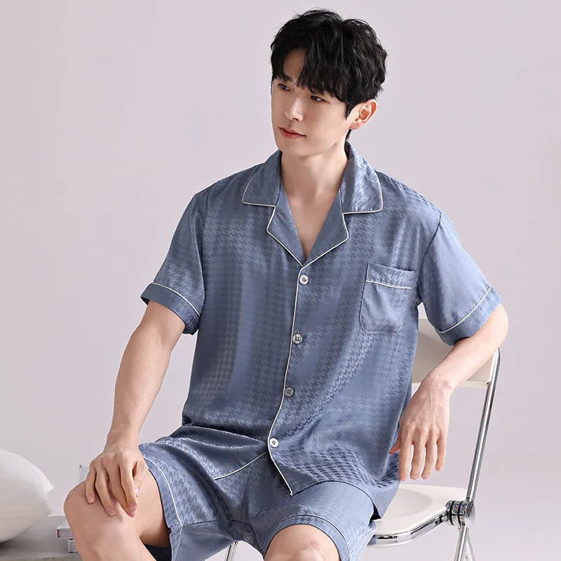 Men's ice silk pajama cardigan set with shorts in lightweight artificial silk fabric with satin jacquard plaid pattern