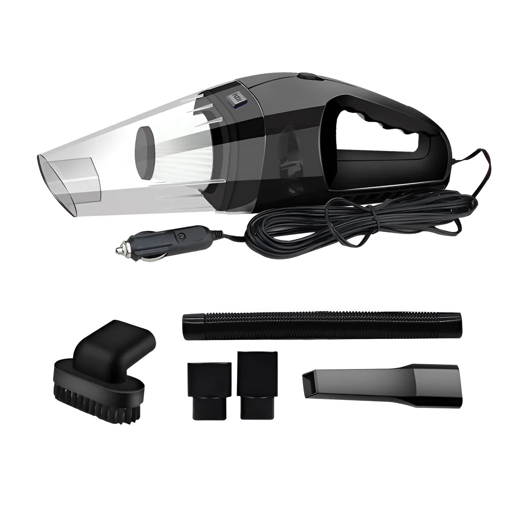 Orange, black, and blue 12V portable handheld car vacuum cleaner with power cord.