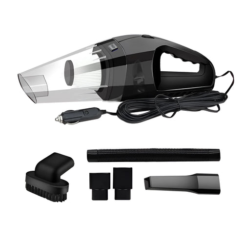 Orange, black, and blue 12V portable handheld car vacuum cleaner with power cord.