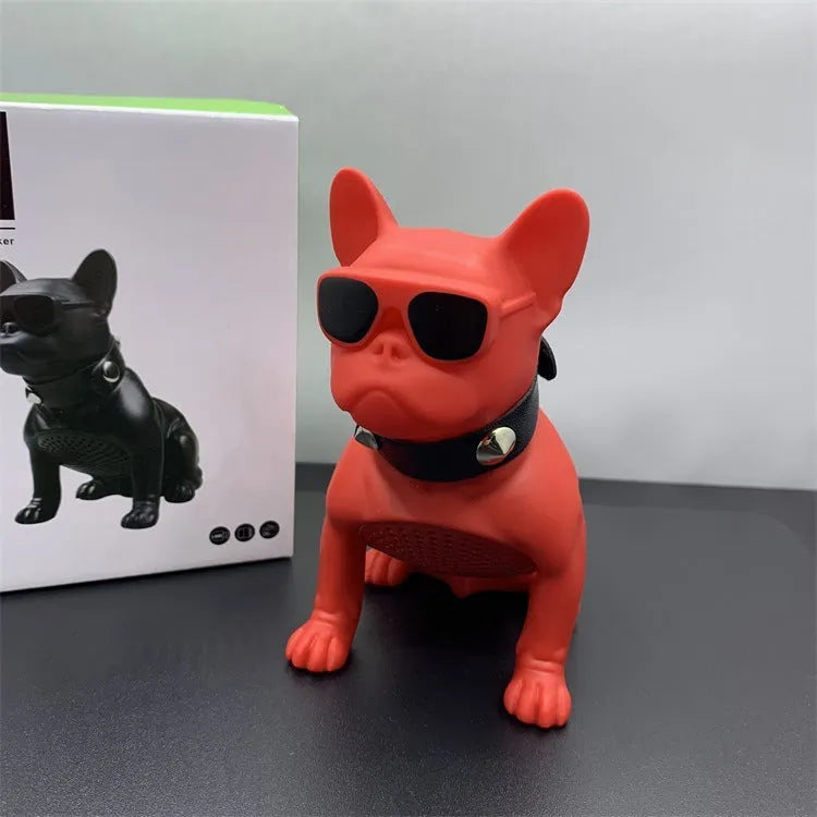 Mini bulldog-shaped Bluetooth speaker in black, red, or white colour with wireless audio functionality