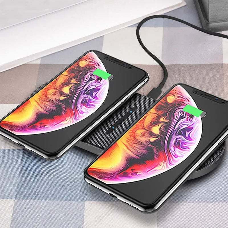 Black dual wireless charging pads with Type-C and USB cables for phone and earbud charging