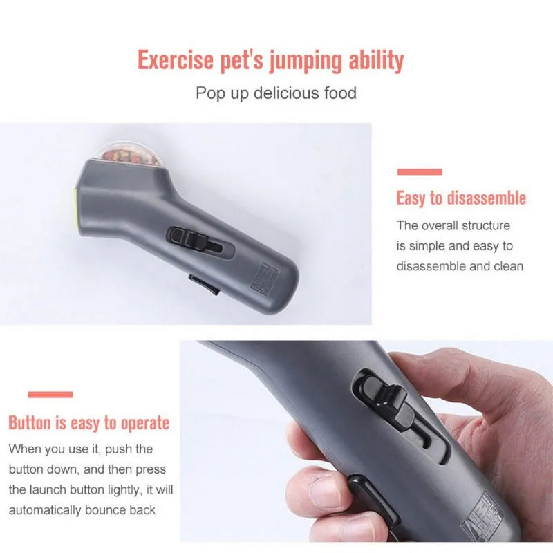 Grey pet snack catapult launcher for dog and cat training with spring trigger mechanism