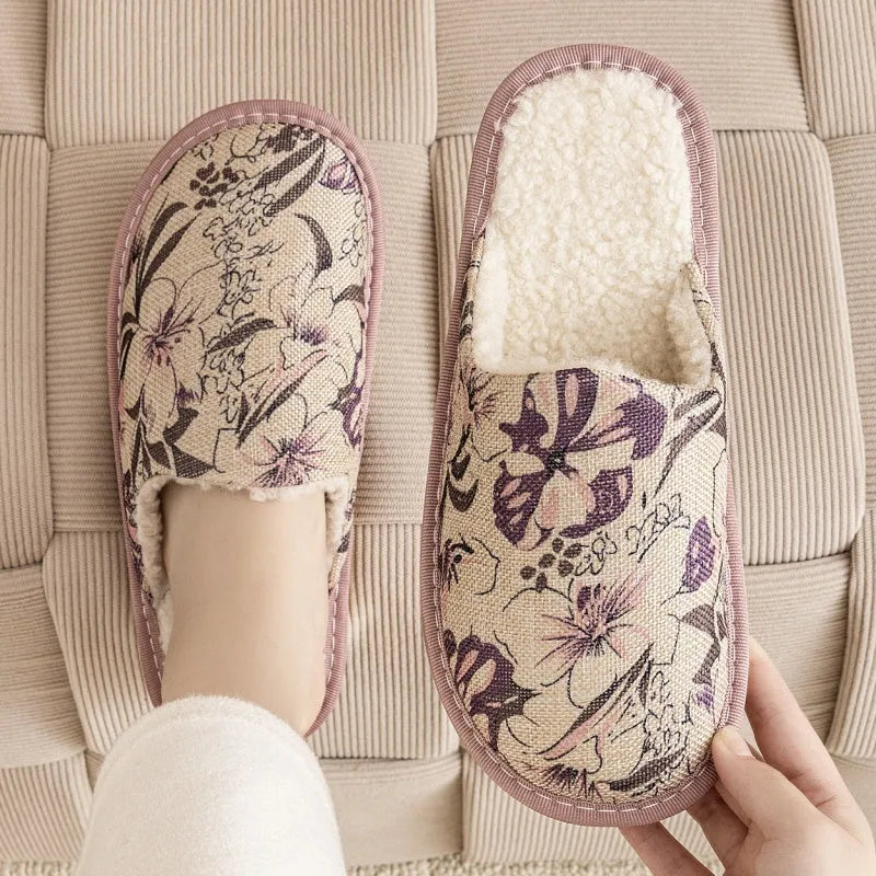 Household cotton slippers with floral patterns and PVC soles in various colours and sizes