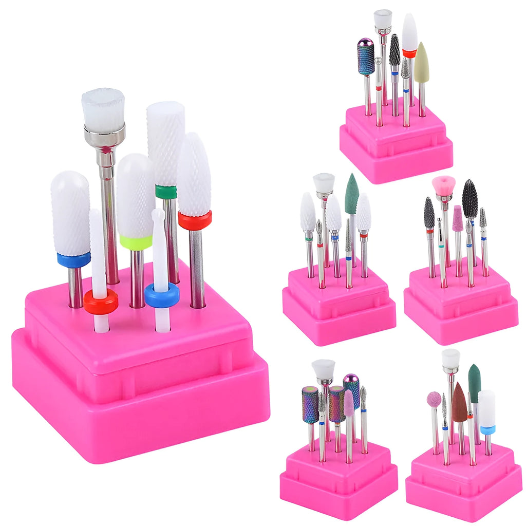 Set of seven tungsten steel nail drill bits and a brush in a transparent storage case.