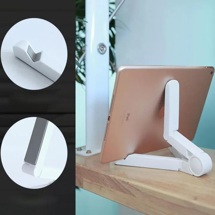 Black foldable tablet holder showing unfolded stand position with device placement area