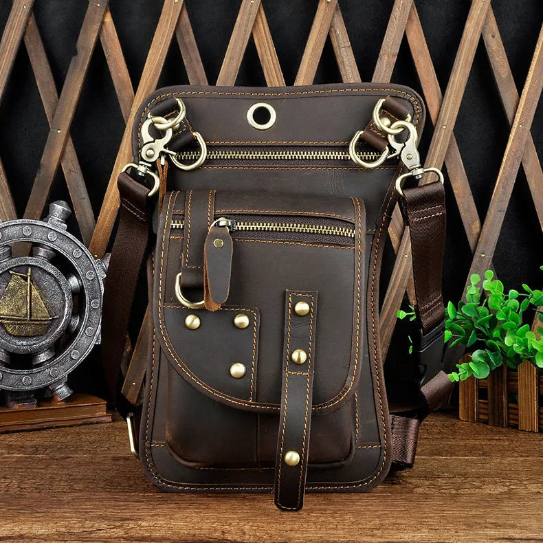 Men's genuine leather punk fanny pack with phone and ID pockets in multiple colour options