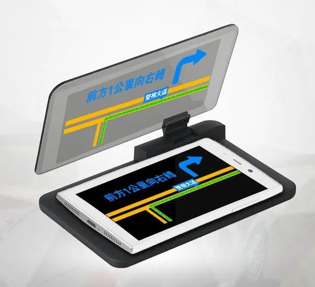Grey universal smartphone car holder for hands-free navigation display on a reflective organic glass panel.
