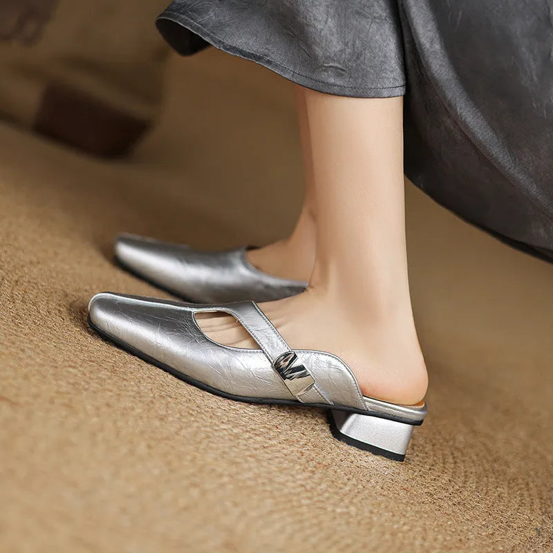 Low-heel square-toe outdoor leisure slippers in artificial PU, available in black, beige, and silver colours.
