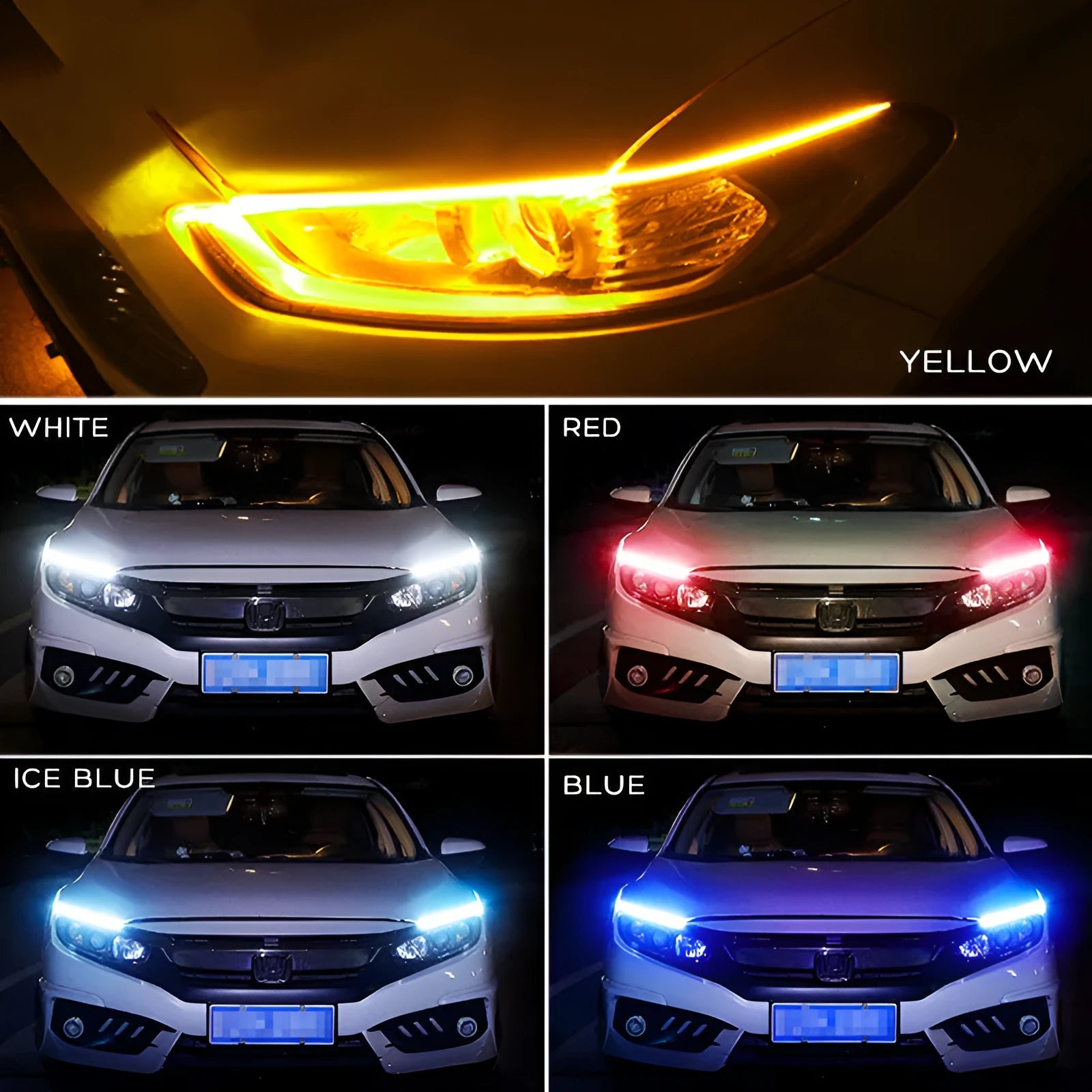 Universal car LED daytime running light strip with flowing turn signal on a vehicle headlight.