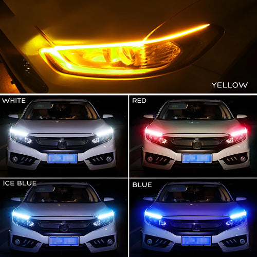 Universal car LED daytime running light strip with flowing turn signal on a vehicle headlight.