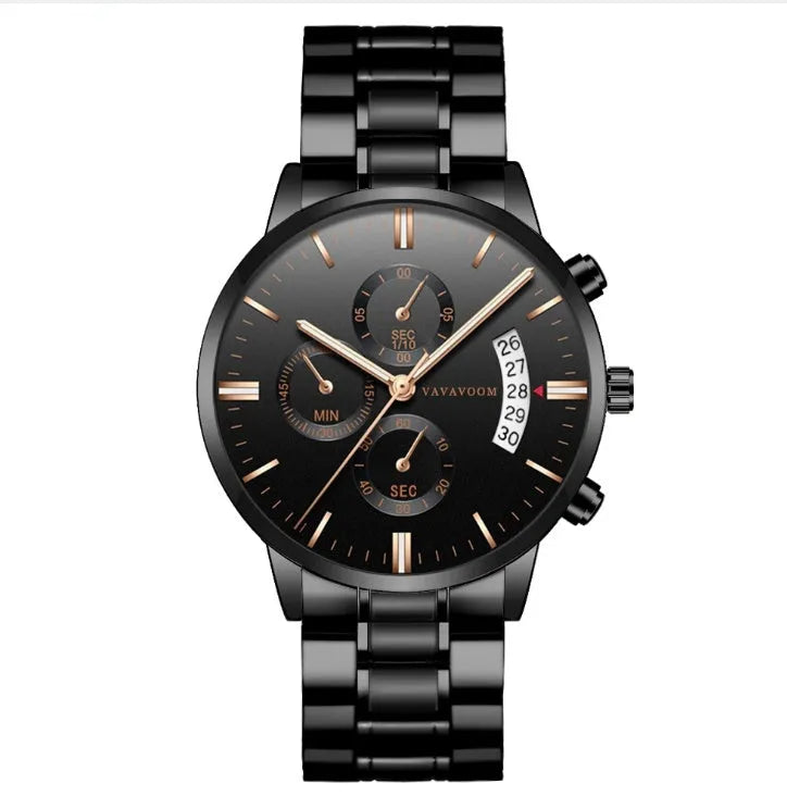 Men's stainless steel quartz watch with 43mm dial and 30 metre waterproof rating