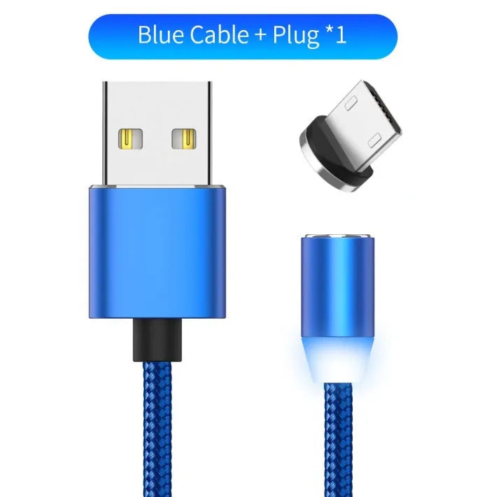Black magnetic charging cable with LED light and aluminium connectors showing magnetic tip attachment