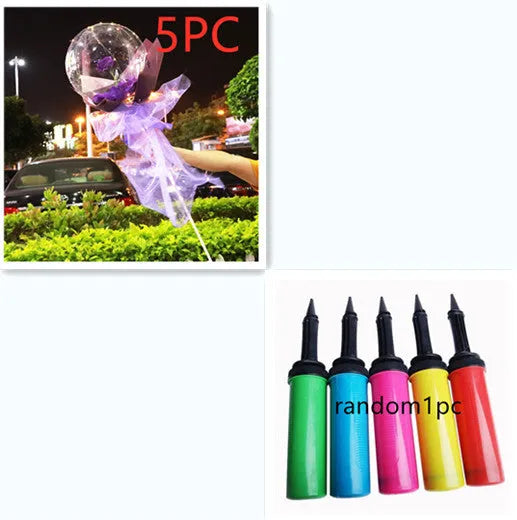 Transparent LED luminous balloon bouquet with artificial rose and glowing light inside, displayed as a DIY kit.