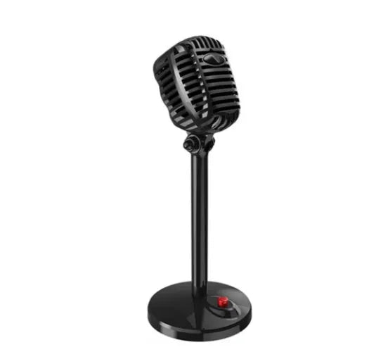 Black USB desktop microphone on a weighted stand with a pop filter and long cable.