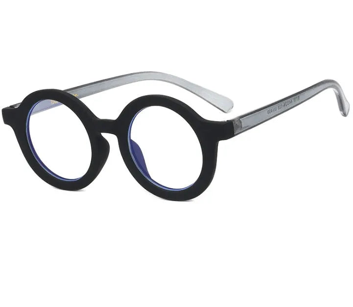 Retro round plastic frame glasses with anti-blue light filter in black, pink, leopard, red, white, or yellow.