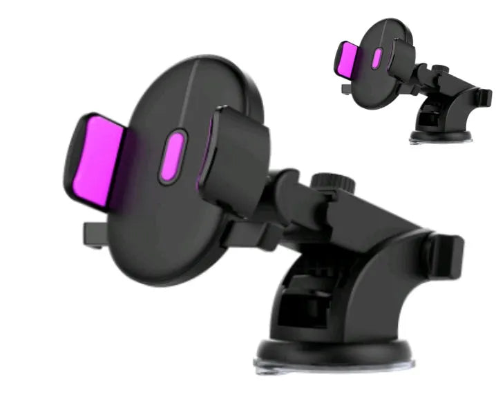 Yellow and black telescopic car phone holder with extendable arm and suction cup mount on dashboard