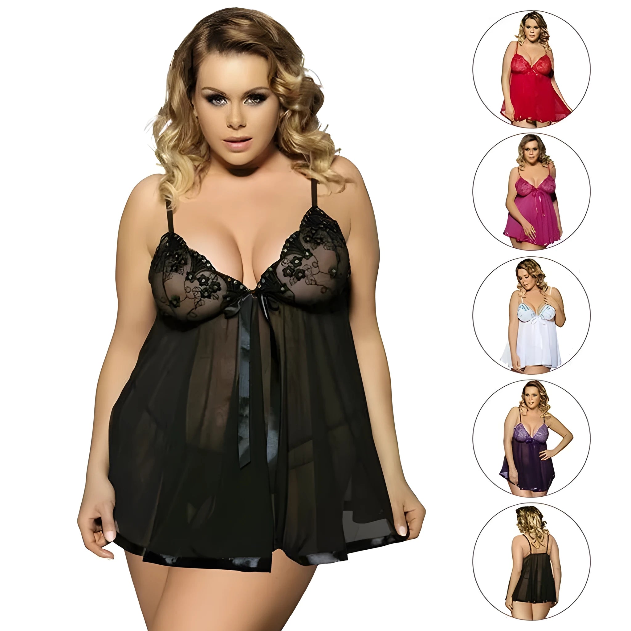 Plus size women's black lace and mesh lingerie sling dress on a hanger.