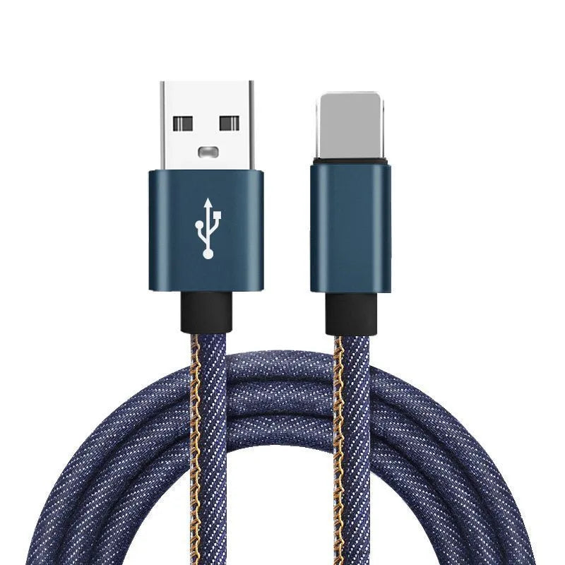 Denim braided USB Type-C cable with aluminium connectors in black, blue, or red, showing length options.