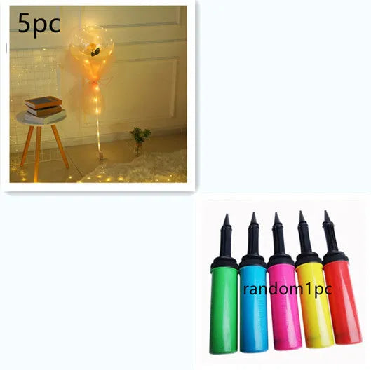 Transparent LED luminous balloon bouquet with artificial rose and glowing light inside, displayed as a DIY kit.