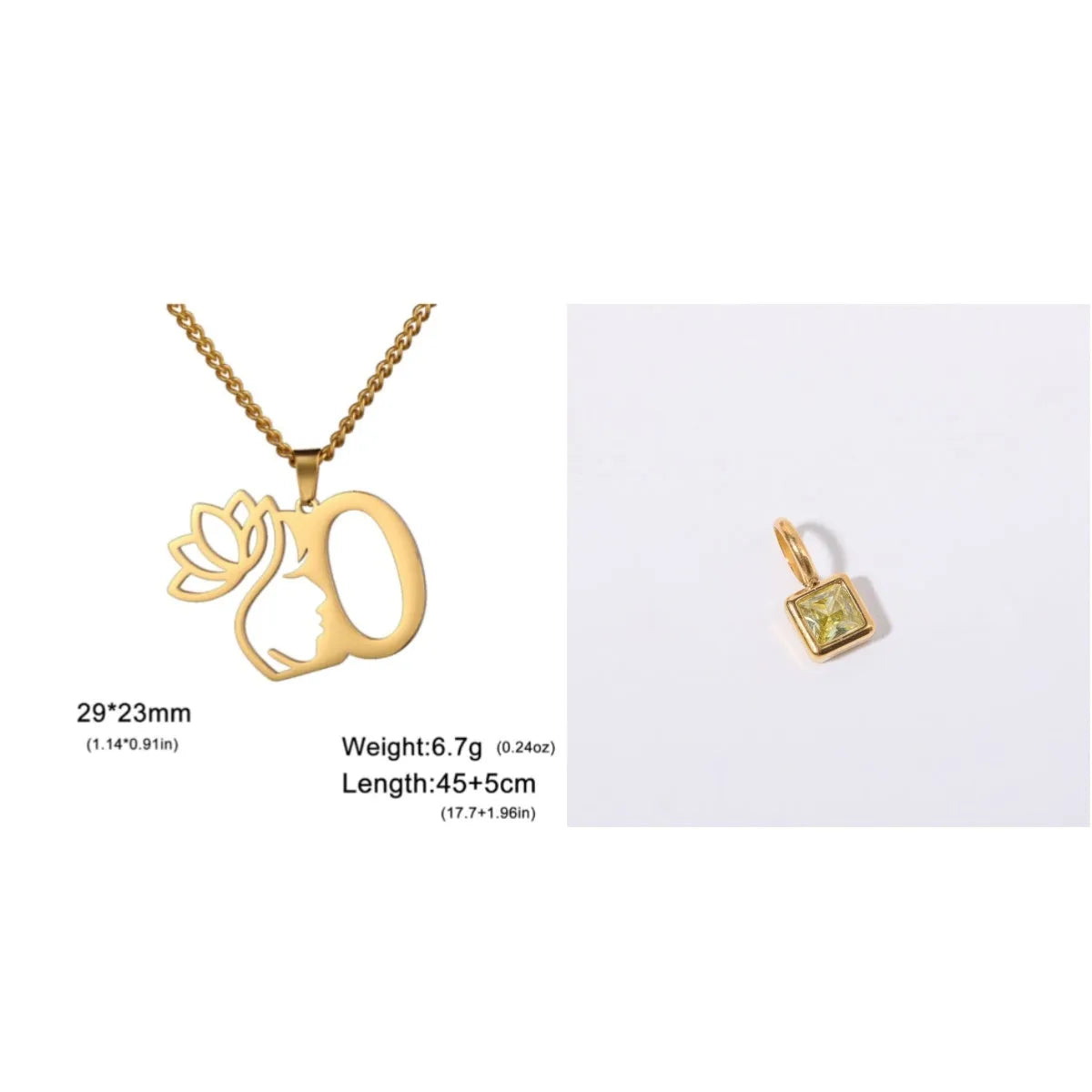 Stainless steel necklace with cross chain and a single letter pendant in gold or silver finish.