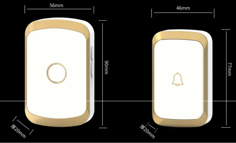 Wireless doorbell push button and plug-in chime unit in black, white, gold, or silver.