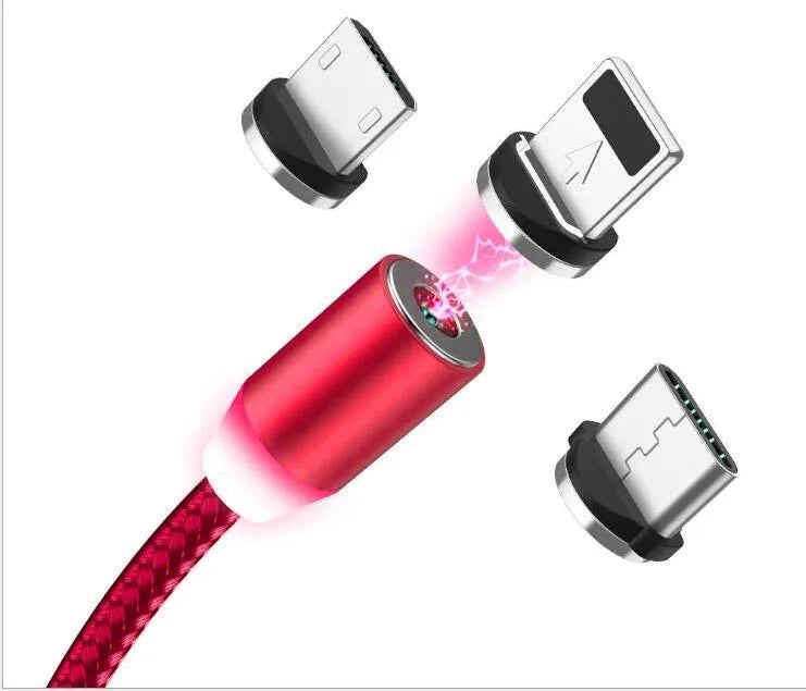 Black magnetic charging cable with LED light and aluminium connectors showing magnetic tip attachment