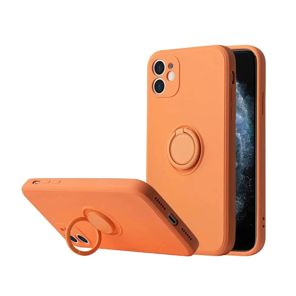 Liquid silicone phone case with a flip-out bracket for Apple iPhone 12, shown in a choice of colours.