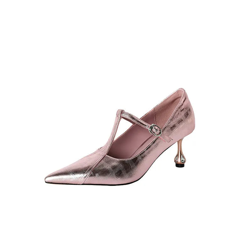 Women's genuine leather Mary Jane high heels with a chunky mid-heel and round toe in gun metal colour.