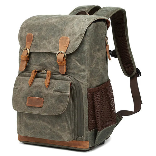 Canvas DSLR camera backpack in khaki colour with backpack straps and storage compartments