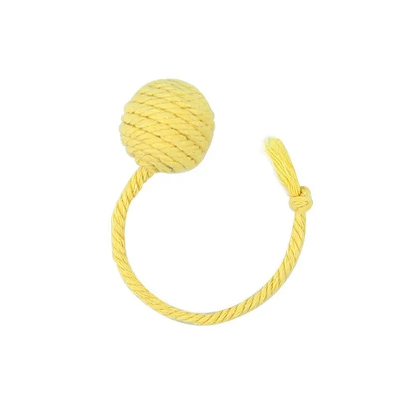 Colourful cat toy ball with rope and built-in bell in two size options