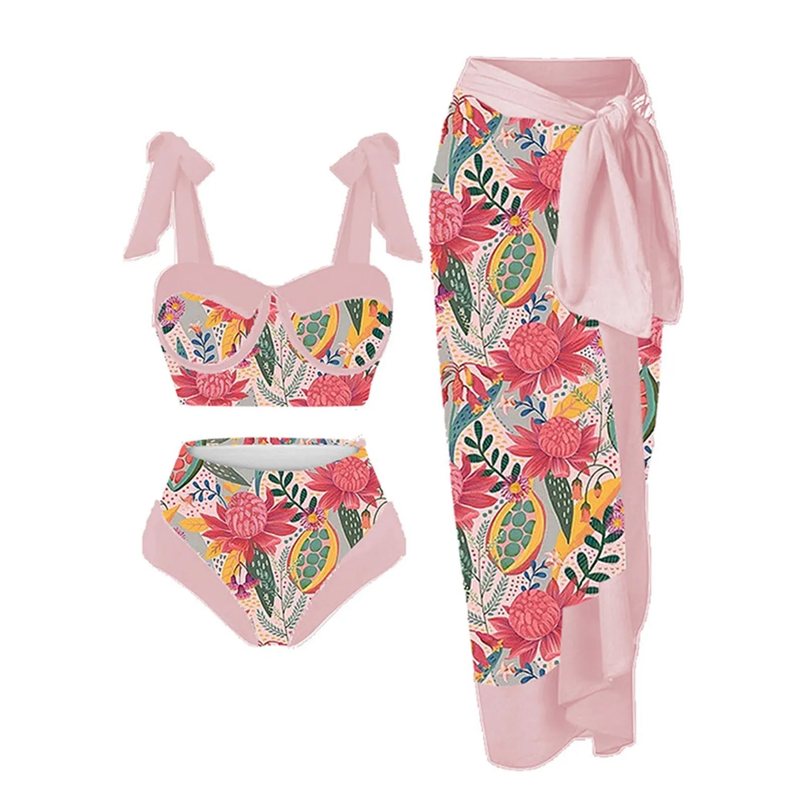 Women's pink printing split swimsuit three-piece set with skirt, bra, and panties.