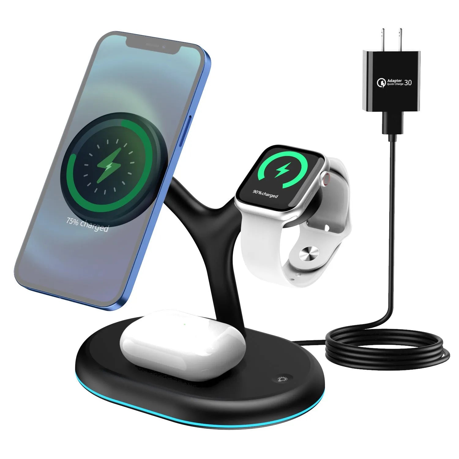Black magnetic wireless charger with minimalist design showing three-in-one charging functionality