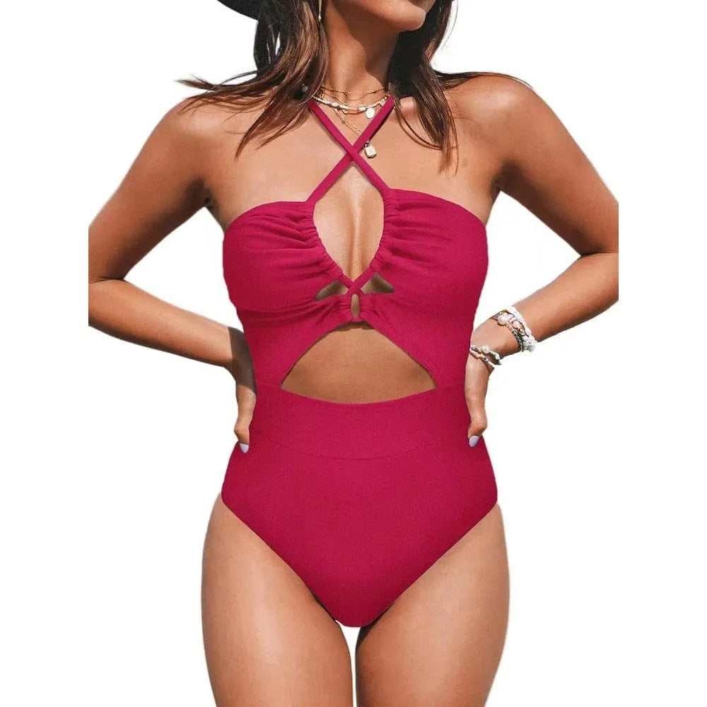 Women's solid colour one-piece swimsuit with cross body and backless design in black wine red or peacock blue