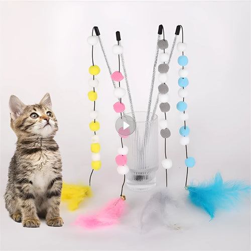Grey and yellow cat teaser stick with a bell and a pompon feather, shown next to a blue and pink version.