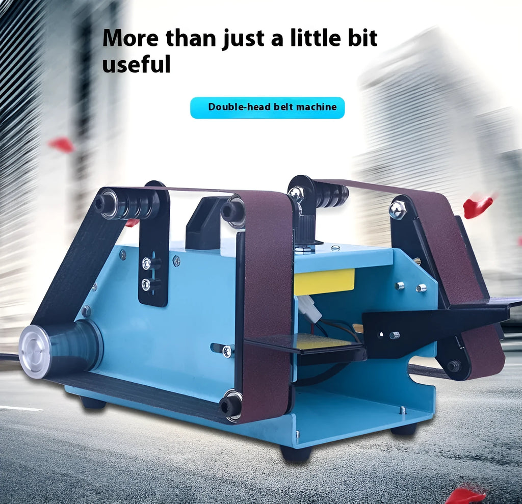 Blue desktop dual-axis belt sander with a 750W motor and variable speed control for sharpening and polishing.