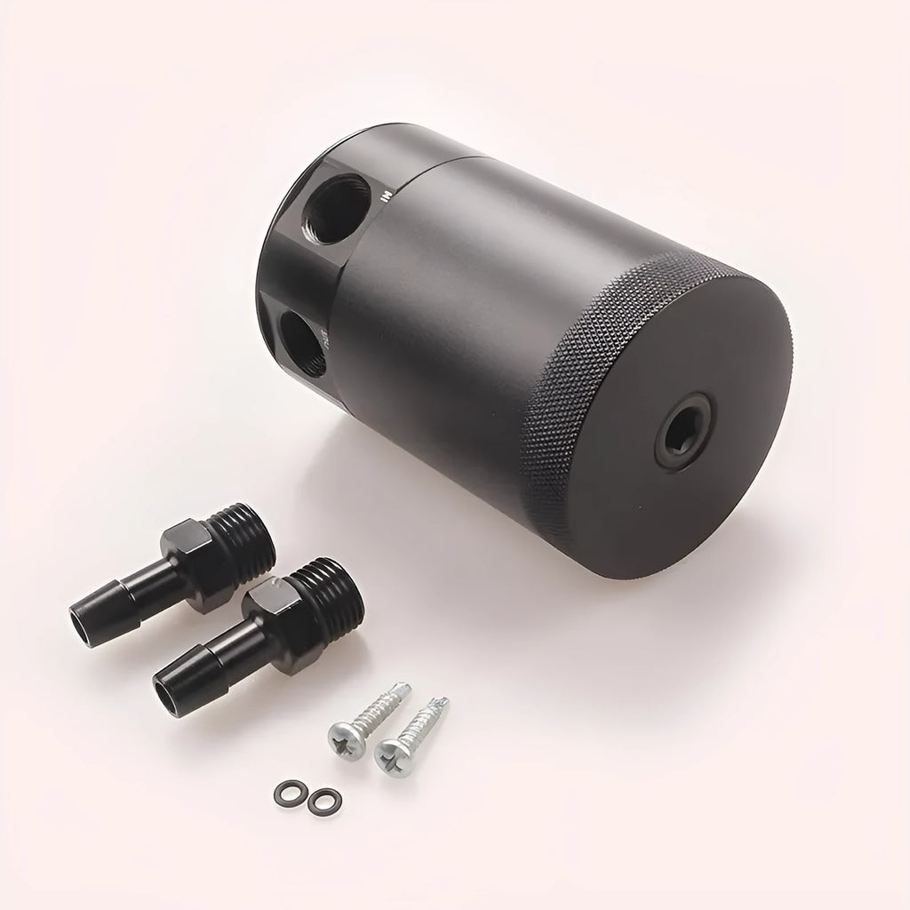 Black aluminium automotive oil pot with two-hole breathable design and connector fittings
