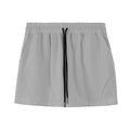 Men's thin grey polyester basketball shorts with an elastic waistband, laid flat.