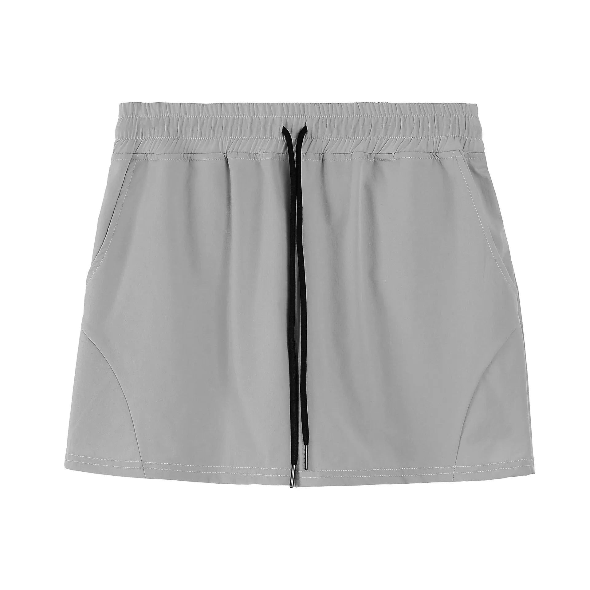 Men's thin grey polyester basketball shorts with an elastic waistband, laid flat.