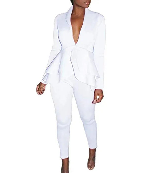 Women's ruffled blouse and pencil trousers business casual pantsuit in eight colour options
