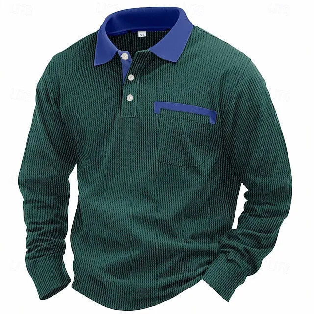 Man wearing a long-sleeved waffle texture polo shirt in a loose fit, showcasing the asymmetric detail.