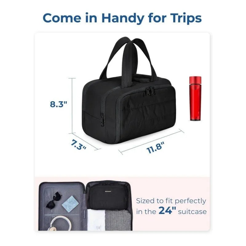 Large fluffy polyester travel toiletry bag open showing spacious interior, available in multiple colours
