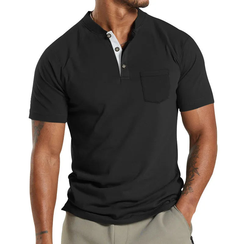 A man wearing a solid-colour plus size short sleeve button-up shirt with a chest pocket.