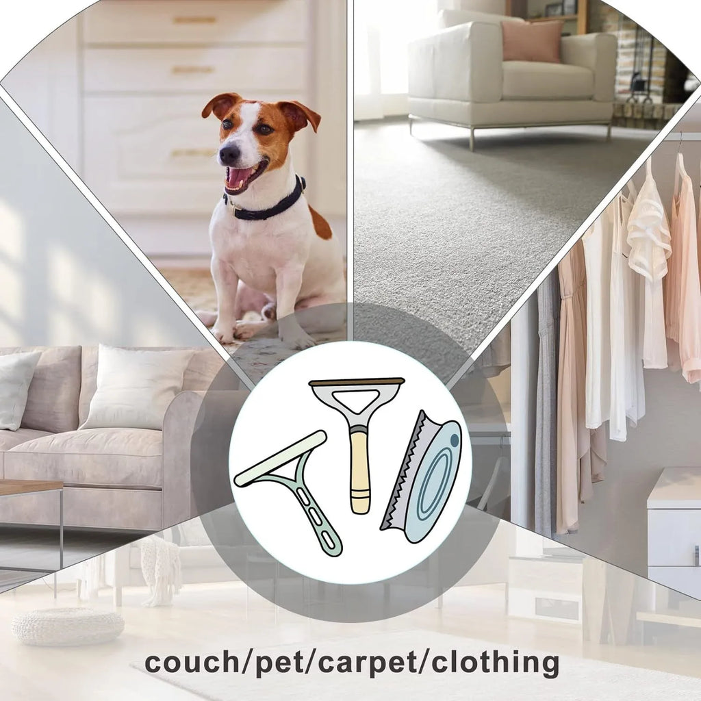 Three pet hair removal tools: a copper lint shaver, a silicone brush, and a round ABS cleaner.