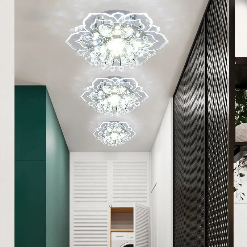 Modern minimalist crystal ceiling lamp with flower-shaped acrylic shade and LED light