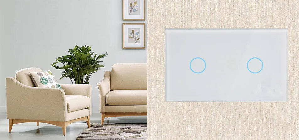 2-gang glass touch light switch with tempered glass panel and RF remote control