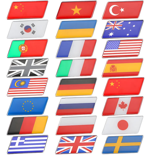 Aluminium parallelogram car sticker with national flag design measuring 6.3 by 3 cm