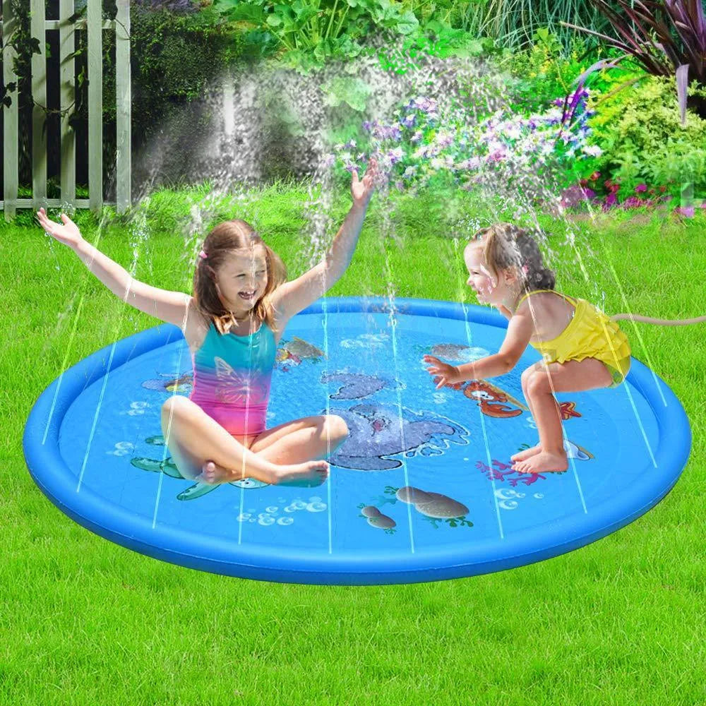 Blue PVC children's water spray play mat with marine animals, measuring 100cm by 170cm
