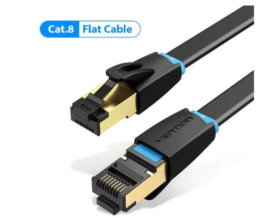 CAT8 shielded Ethernet network cable with RJ45 connectors, available in flat and round styles.